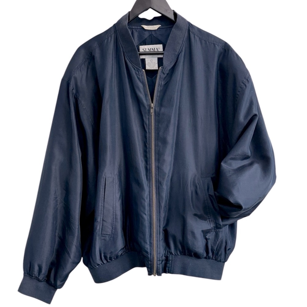 Pure Silk Vintage Bomber Unisex Zipper Up Navy Blue Slouchy Size L